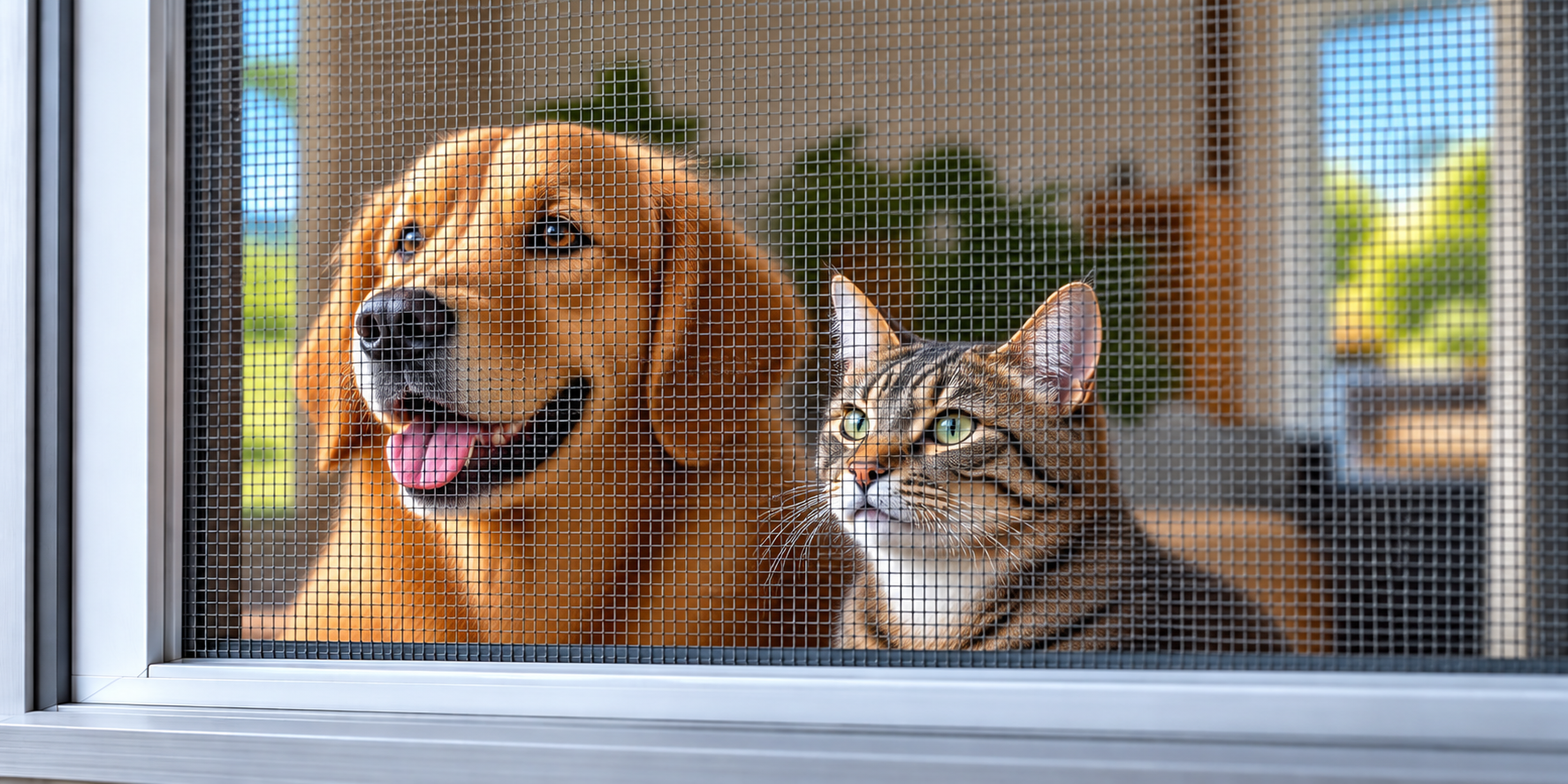 Golden Retriever und Katze hinter PetScreen