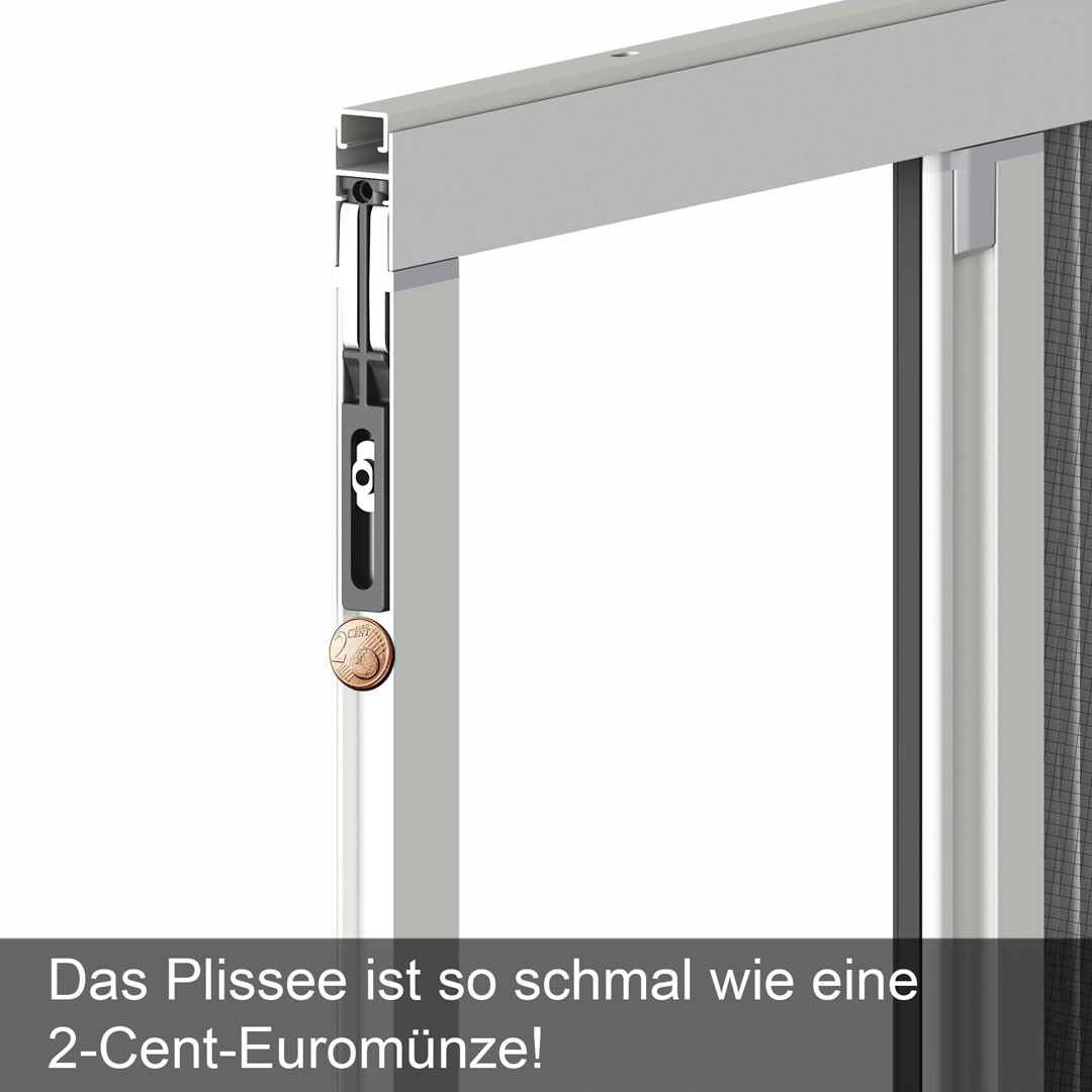 Plisseerahmen mit 2 Cent Münze als Vergleich der Breite und Text