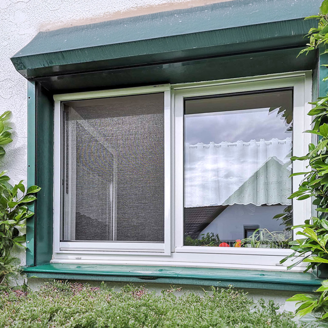 Fliegengitter an offenem Fenster mit grüner Umrandung