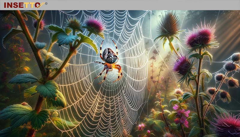 Spinne sitzt im Netz, umgeben von blühenden Disteln.
