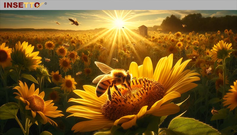 Biene sitzt auf Sonnenblume auf Blumenwiese bei Sonnenuntergang.