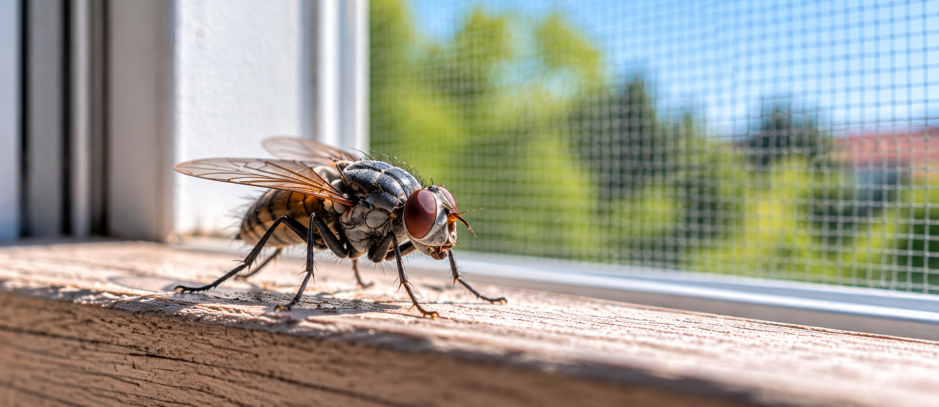 Hausfliege auf einer sonnigen Fensterbank