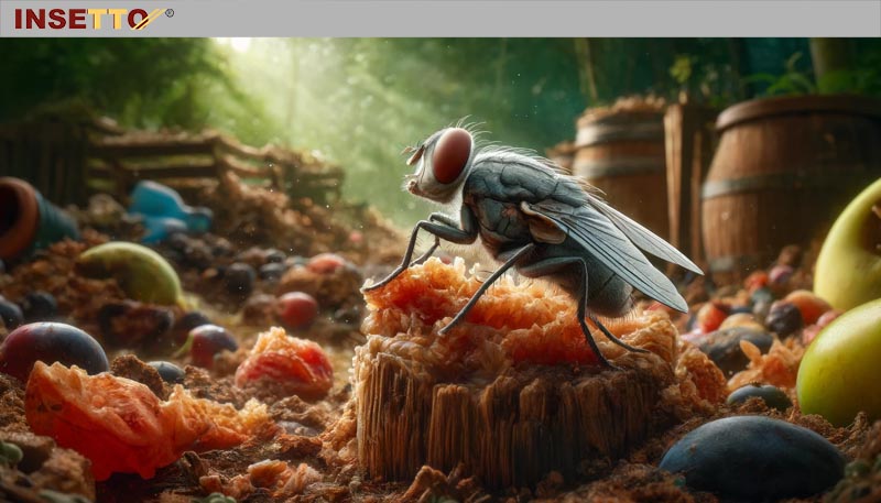 Fliege sitzt im Wald umgeben von Obst
