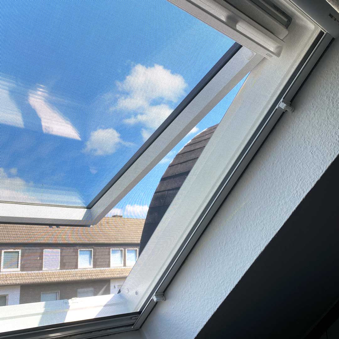 Offenes Dachfenster mit Fliegengitter