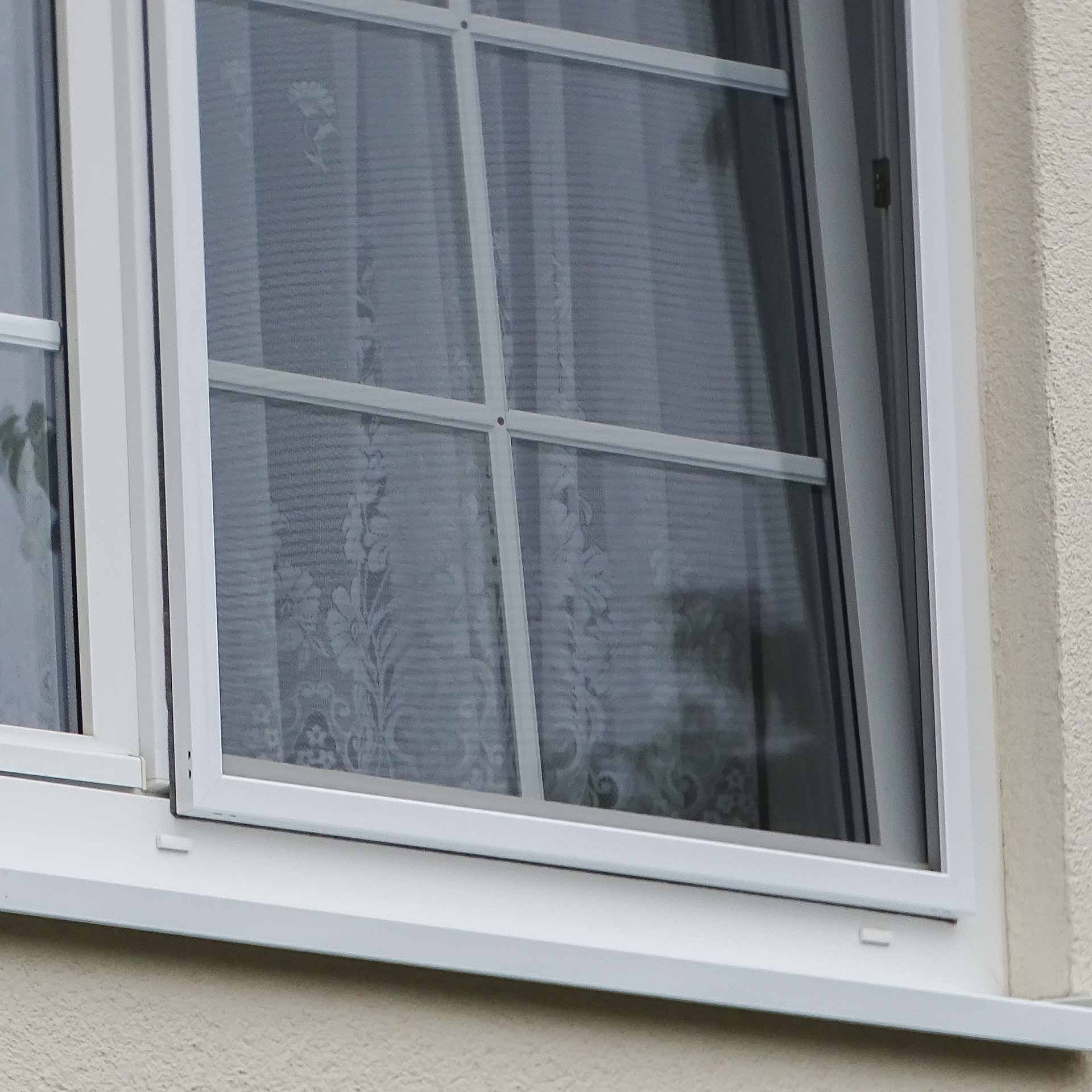 Fenster mit Fliegengitter und Gardine