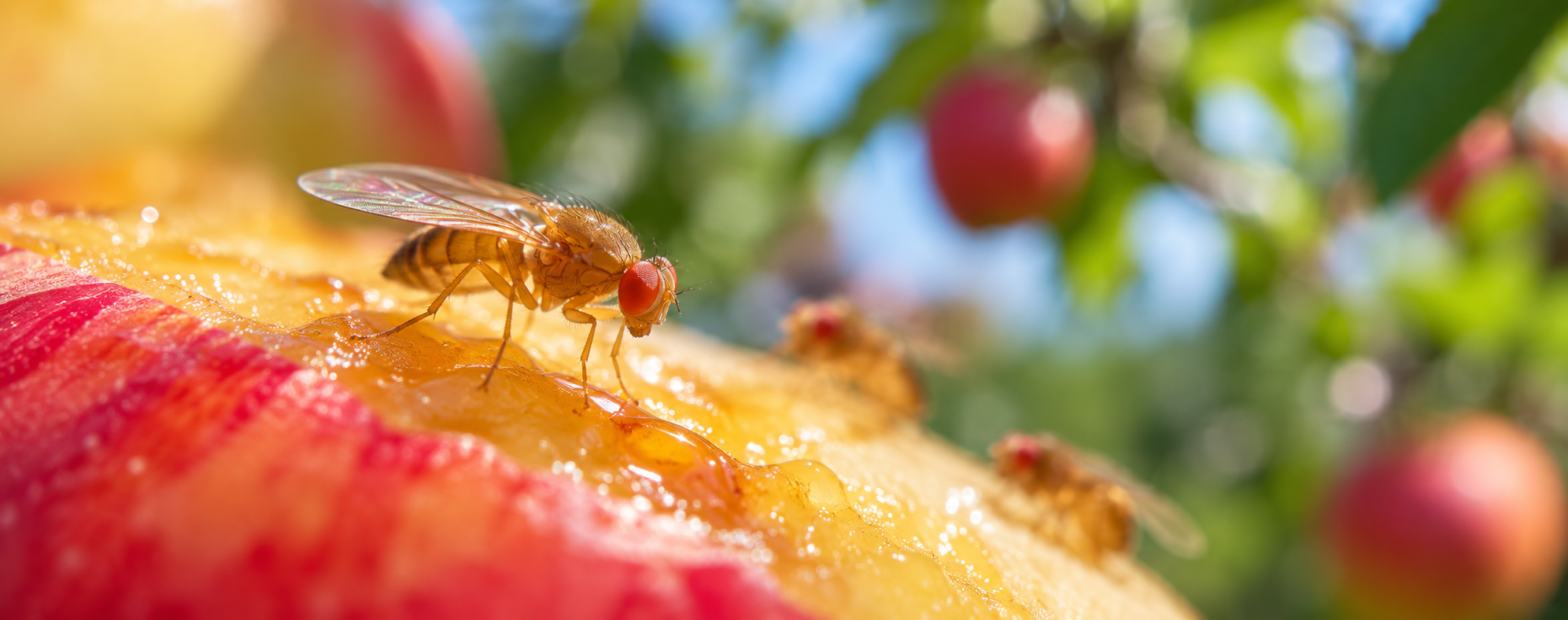 Fruchtfliege auf einer saftigen Frucht