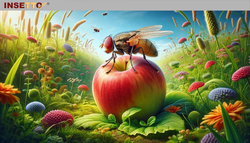 Fliege sitzt auf Apfel, umgeben von bunter Blumenwiese.