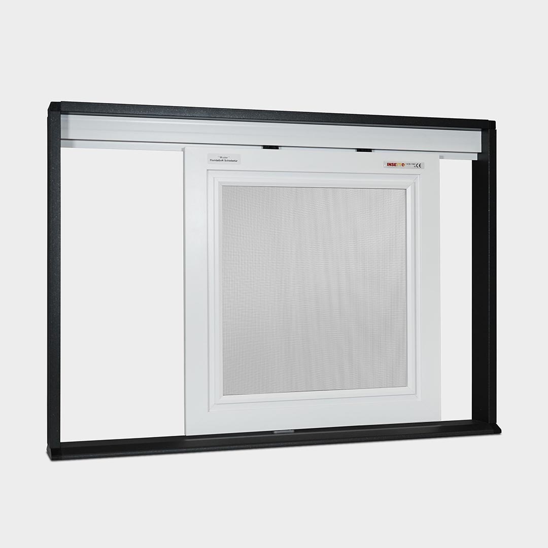 Échantillon de produit: Porte coulissante FloridaSoft (75x45 cm) Fliegengitter mit weißem Rahmen und schwarzem Schieberahmen.