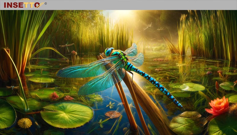 Libelle sitzt auf Pflanzenstiel, umgeben von grünem Teich.