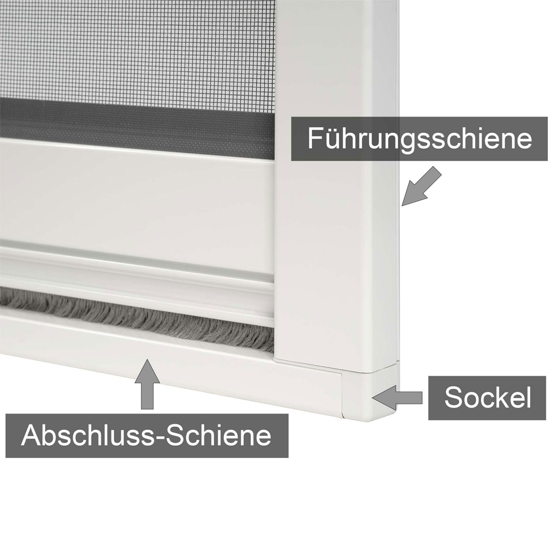Insektenschutzfenster, besteht aus Führungsschiene, Abschluss-Schiene, Sockel.