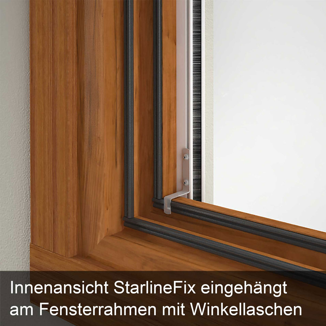 Fensterrahmen mit Winkellaschen befestigt.