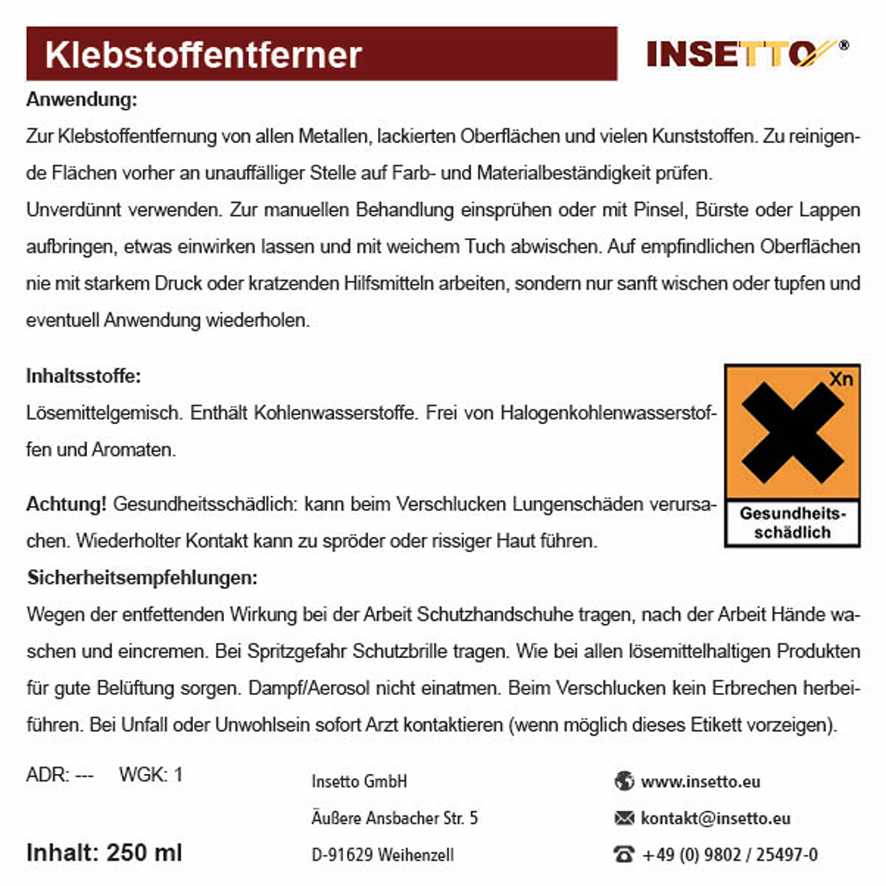 Produktetikett vom Klebstoffentferner.