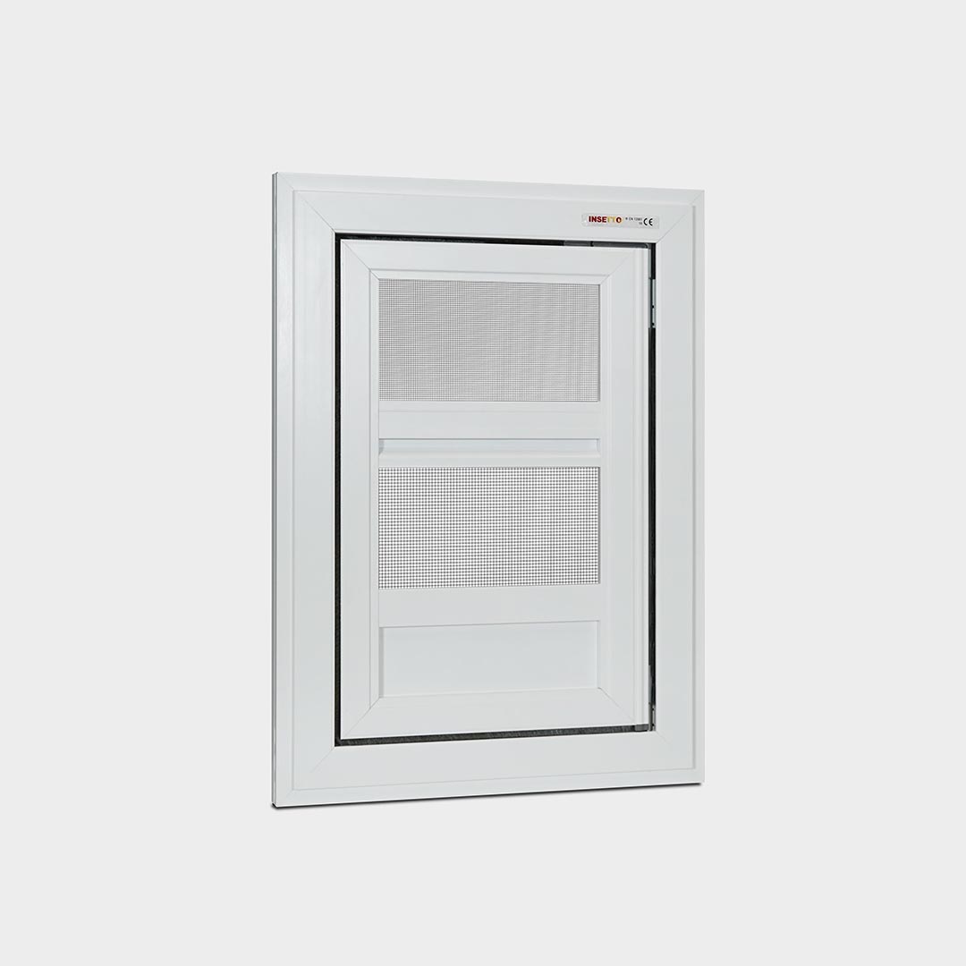 Échantillon mural/manuel: Porte va-et-vient Florida (40x55 cm) Fliegengitterfenster, eingebaut, weißer Rahmen.