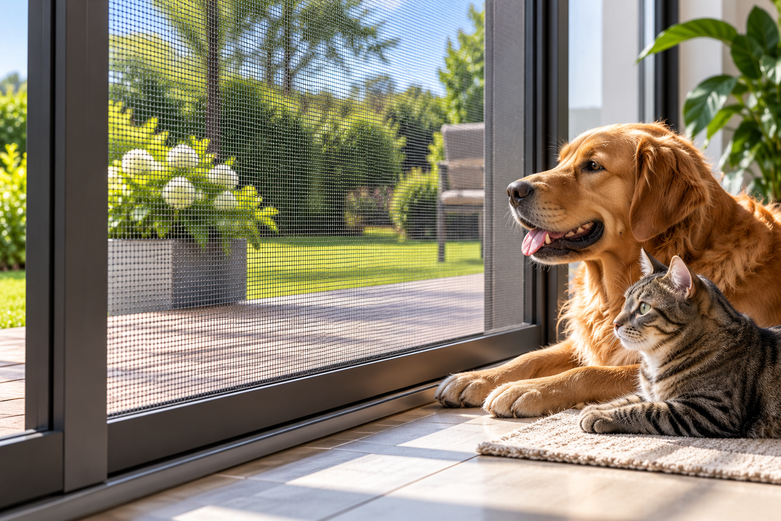 Golden Retriever und Katze an einem robusten PetScreen Insektenschutznetz