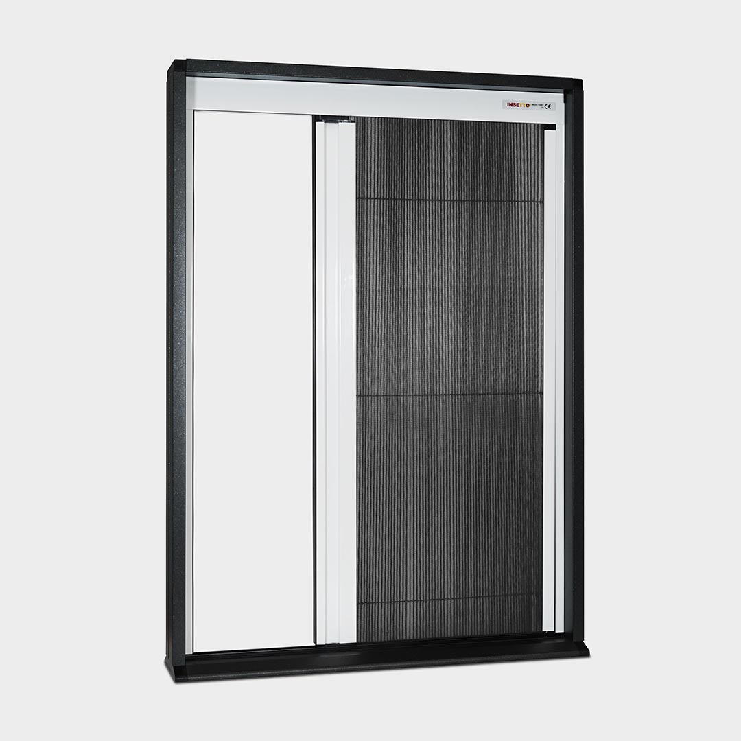 Échantillon de produit: Porte plissée Micro13 (45x75 cm) Fliegengitter in schwarzem Rahmen.