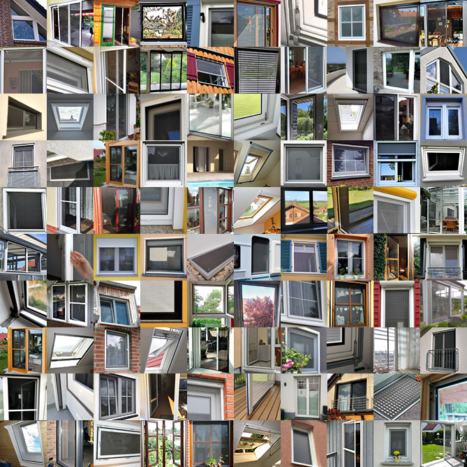 Collage vom Fenstern, mit Insektenschutz versehen