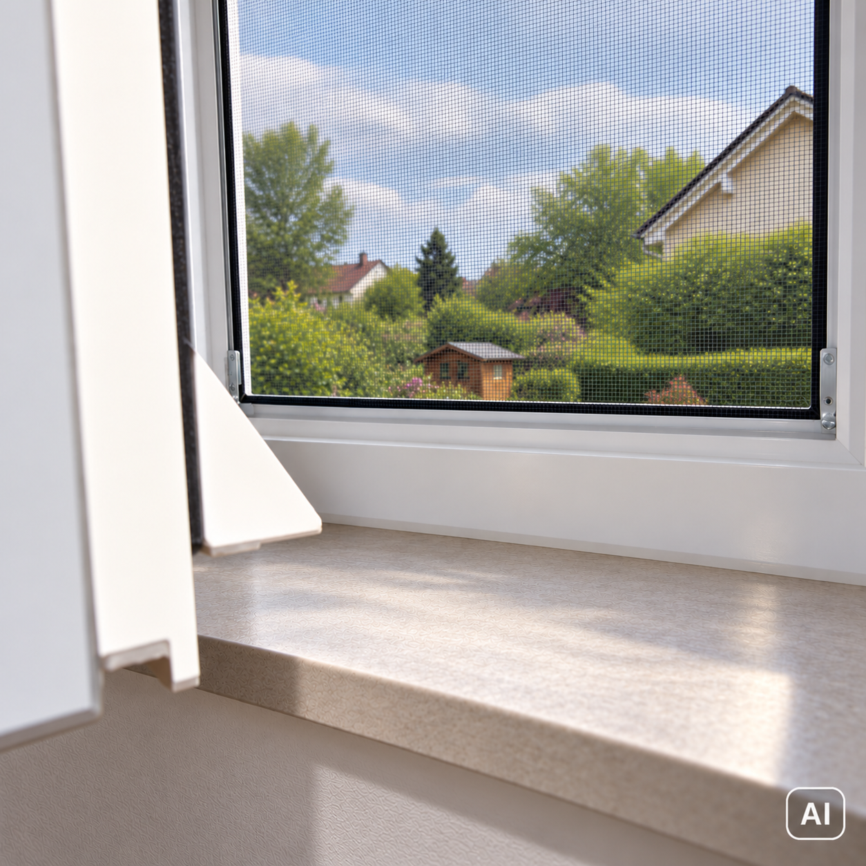 Blick durch das Fliegengitter in den Garten
