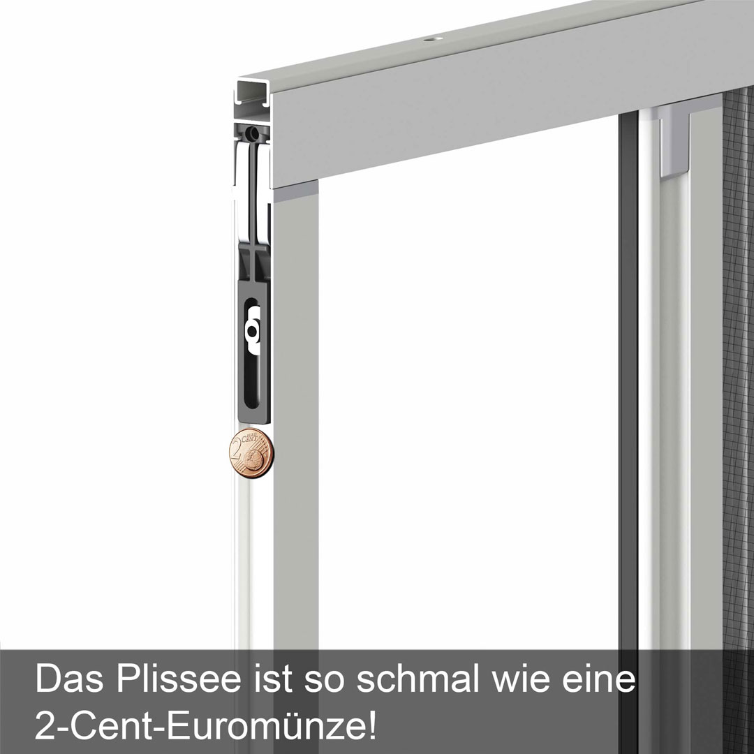 Fliegengitterrahmen, zeigt Dicke, 2-Cent-Münze zum Vergleich.