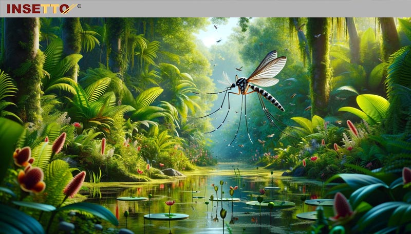 Mücke fliegt über Fluss im tropischen Dschungel mit Pflanzen.