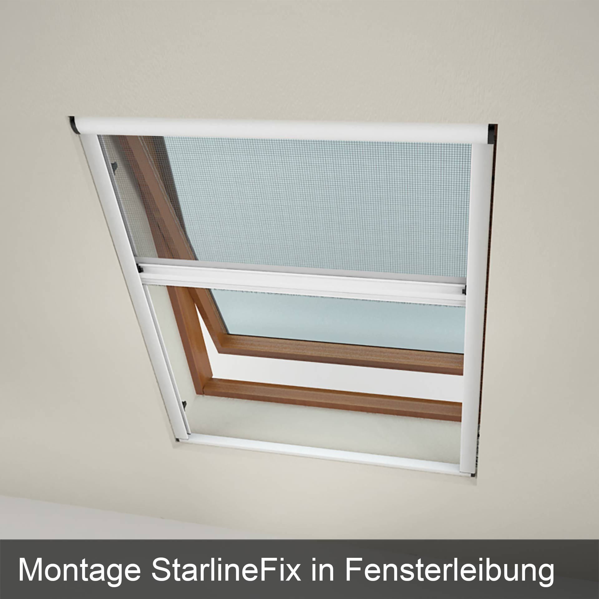 Fliegengitter installiert in Fensterleibung eines geöffneten Dachfensters.