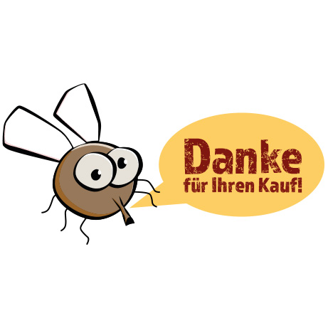 Insetto-Maskottchen, sagt "Danke für Ihren Kauf!" in gelber Sprechblase.
