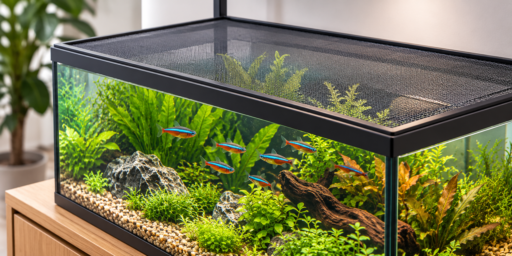 Bepflanztes Aquarium mit luftdurchlässiger Netzabdeckung