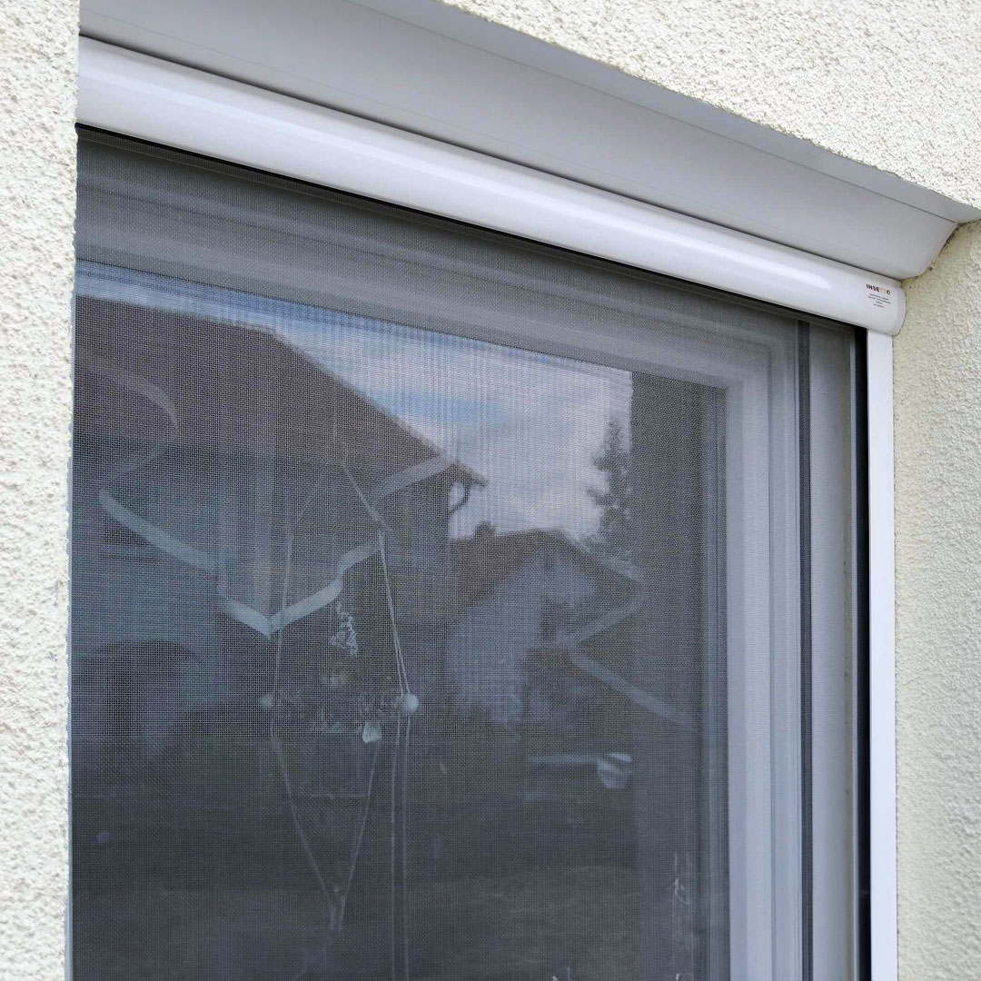Fliegengitter vor einem geschlossenen Fensterrahmen installiert.