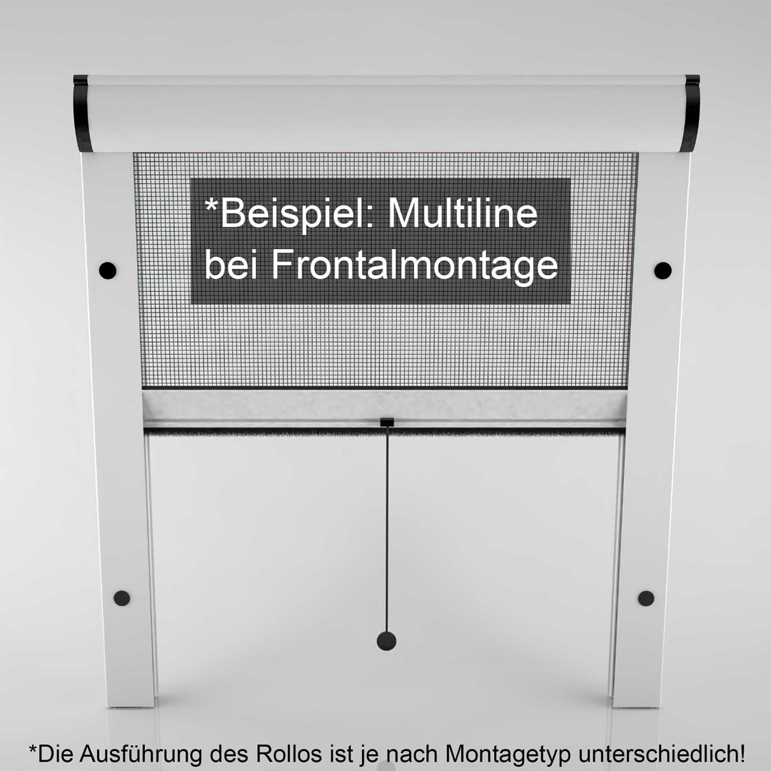 Fliegengitter, aufgerollt, illustriert Frontmontage mit Beschriftung.