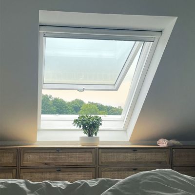 Geöffnetes Dachfenster, Pflanze und Schrank darunter.