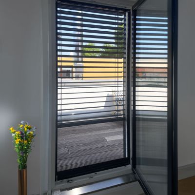 Fliegengitter vor Balkon mit Blumen im Wohnbereich.