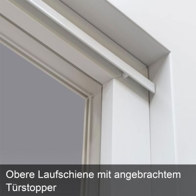 Laufschiene mit Türstopper, montiert an weißem Türrahmen.