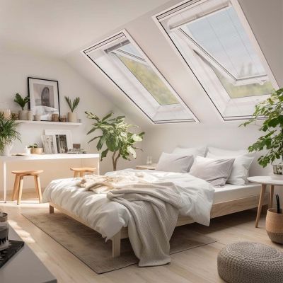Sonnenlicht fällt durch Dachfenster mit Fliegengitter in Schlafzimmer