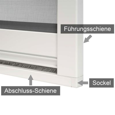 Insektenschutzfenster, besteht aus Führungsschiene, Abschluss-Schiene, Sockel.