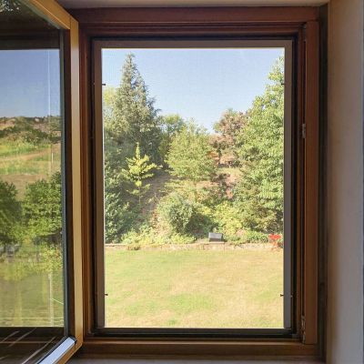 Fliegengitter am geöffneten Fenster, Blick auf grünen Garten.