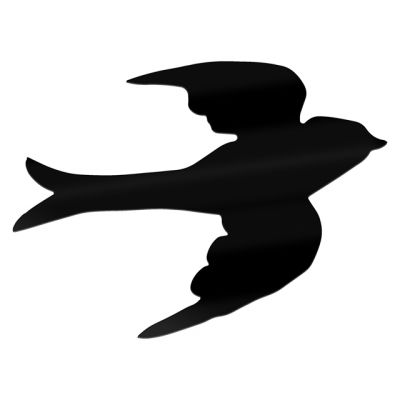 Schwarzer Vogel, fliegt, vor weißem Hintergrund.