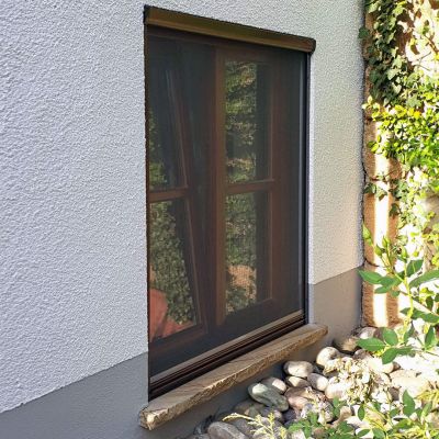 Fliegengitter am Fenster, Gartenumgebung.