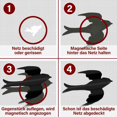 Anleitung, Reparatur eines beschädigten Fliegengitters mit Vogelmagenten.